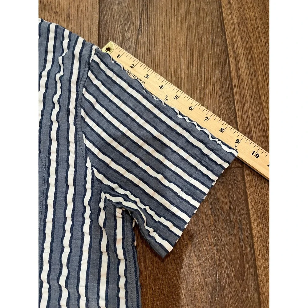 J.Crew Mens Seersucker Stripe Short Sleeve Camp Shirt Navy Blue White Size M